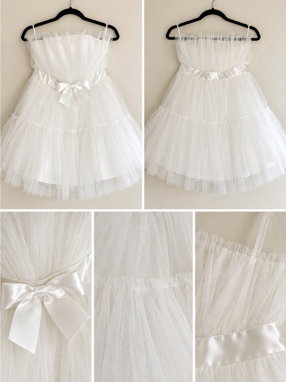 White Tulle Strapless Party Dress with Satin Bow - Size L